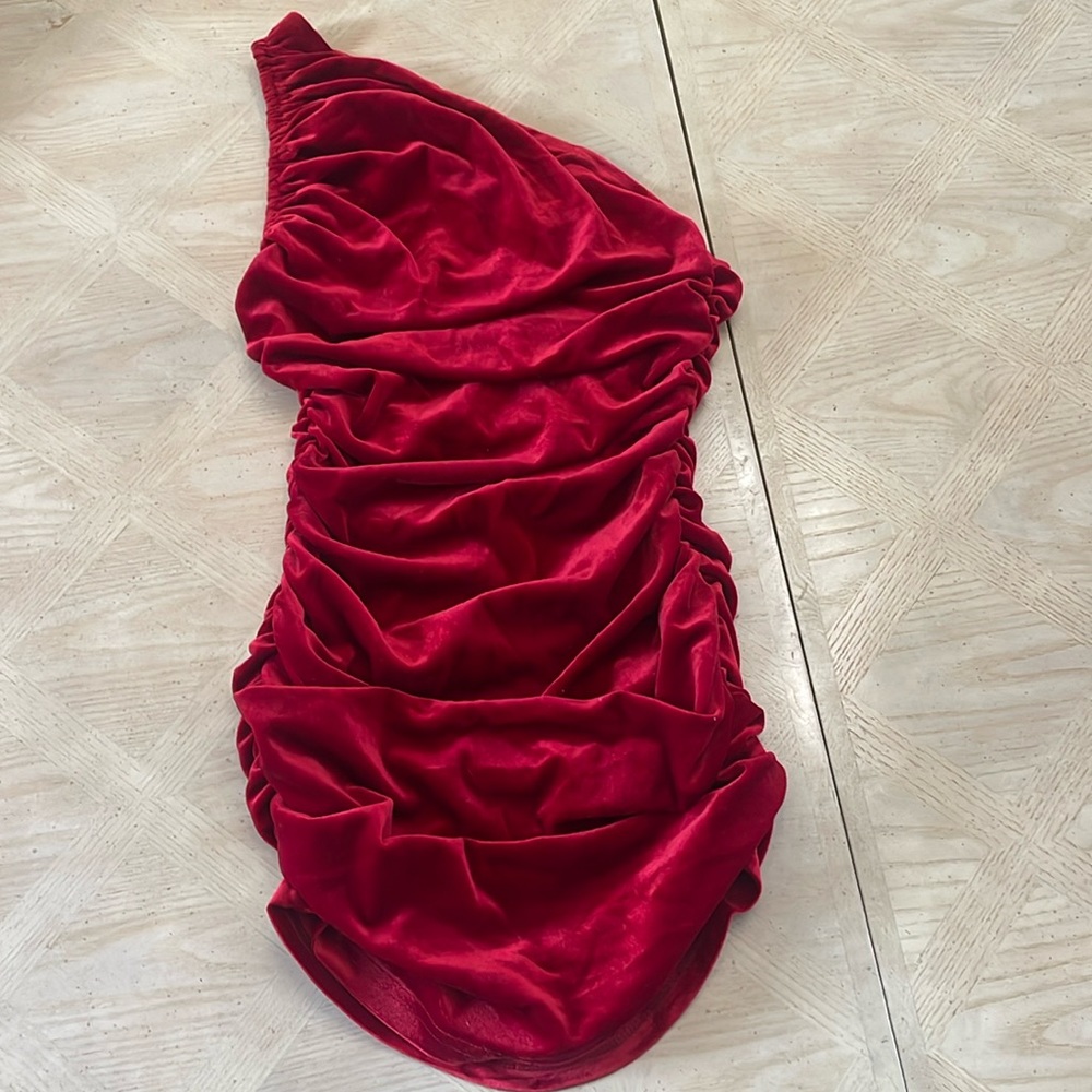 Red Velvet One Shoulder Mini Dress
